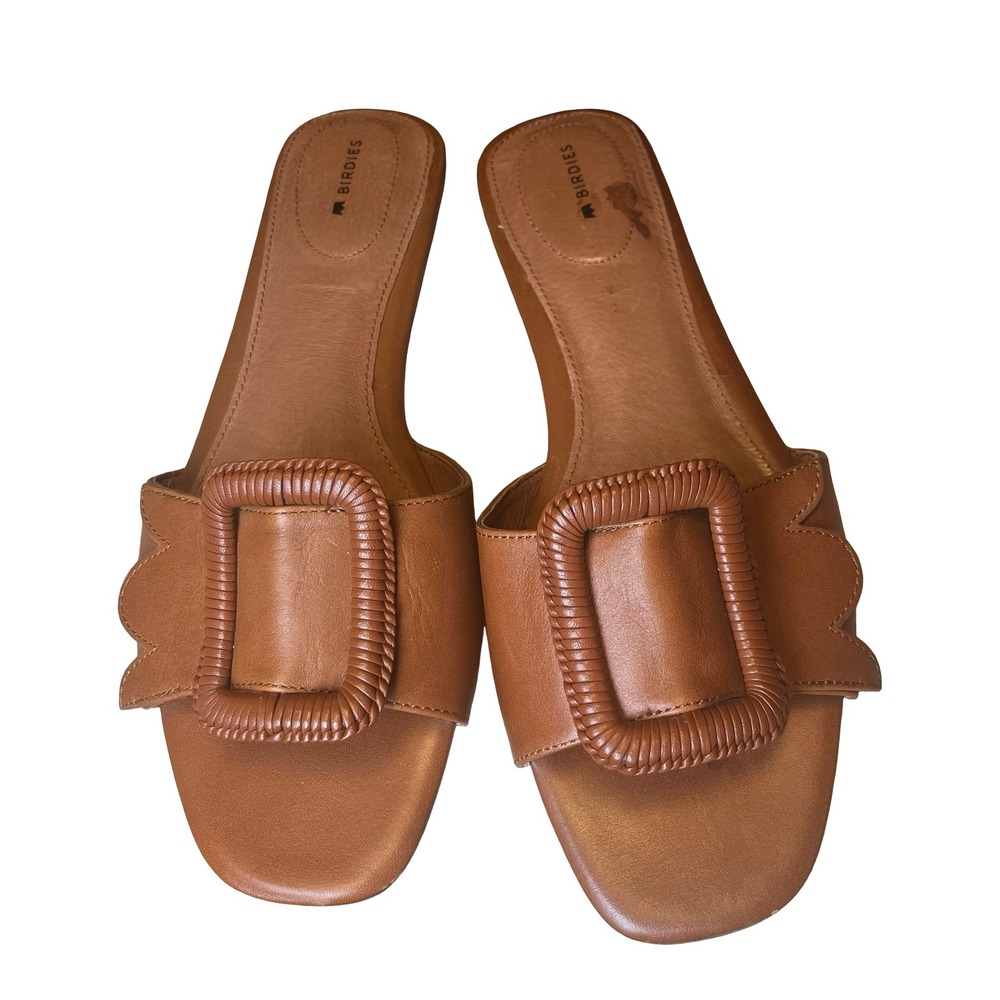 Birdies Womens Slide Sandals Cognac Brown Leather Buckle Scalloped Flat Size 11